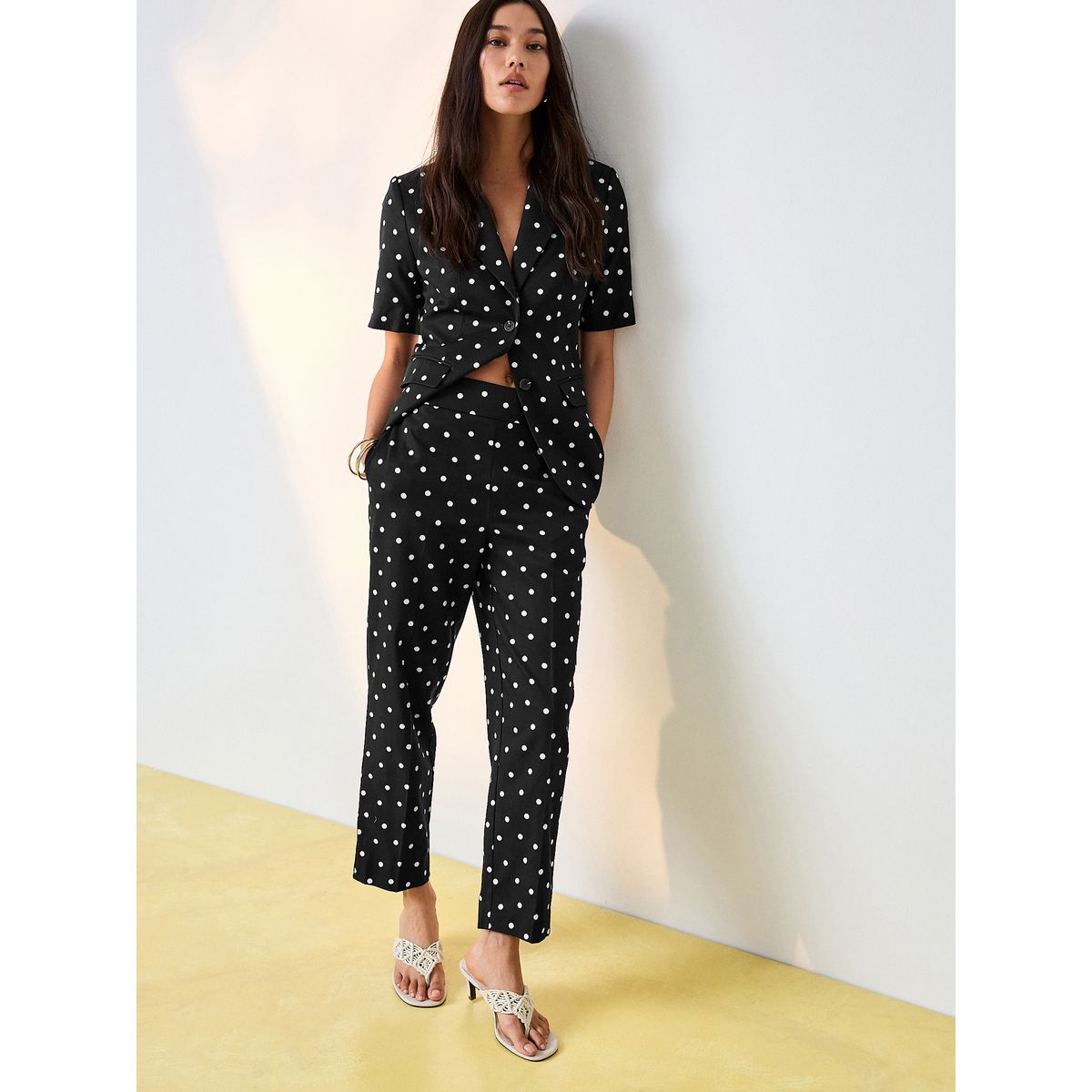 Pantalon slim court noir/blanc à pois, NEXT