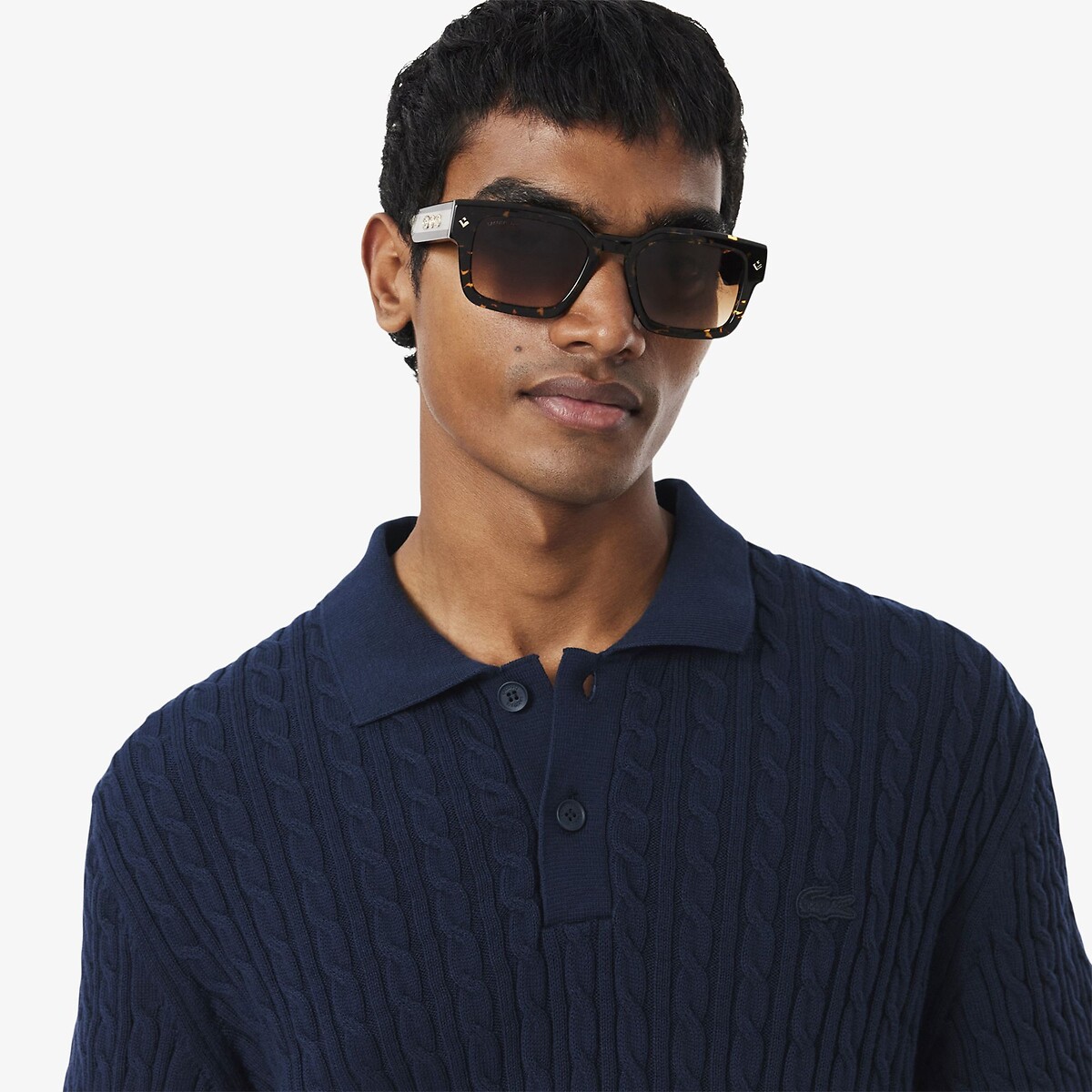 Jersey con cuello de polo, de punto trenzado, con detalles decorativos azul marino, LACOSTE