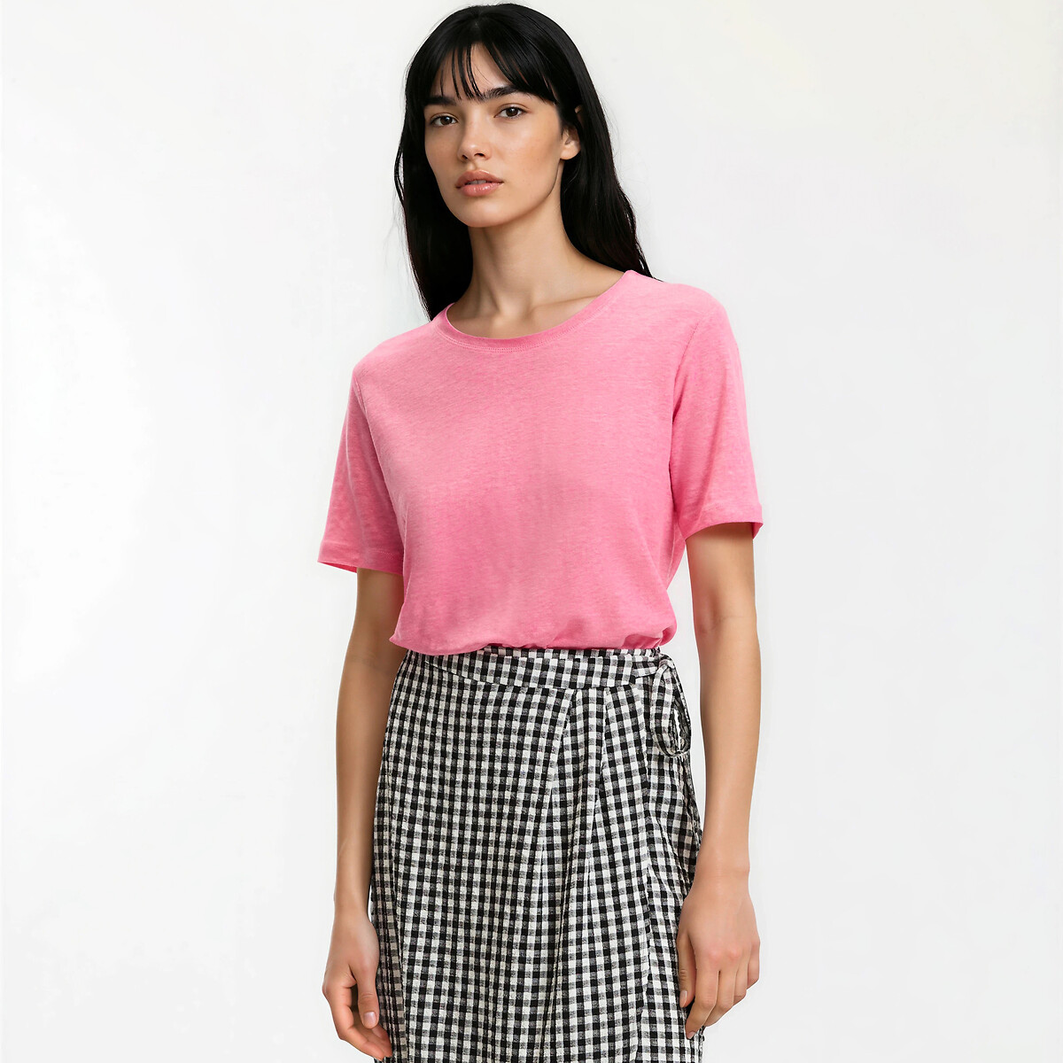 T-shirt en lin col rond manches courtes rose, LA REDOUTE COLLECTIONS