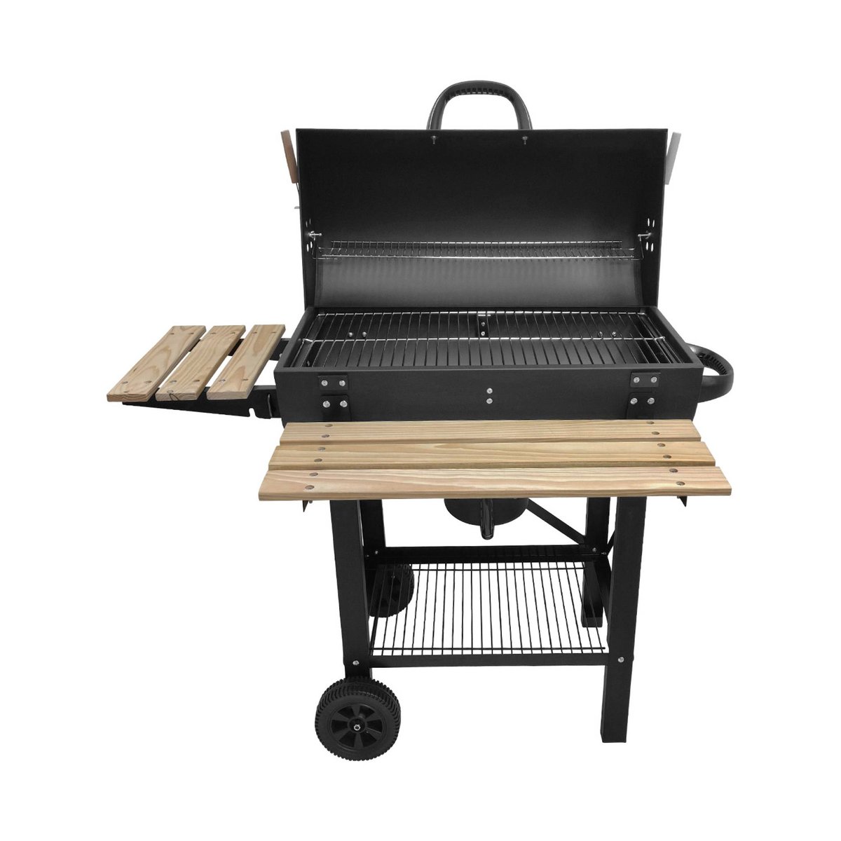 Barbecue charbon de bois, grill et fumoir américain, roues et tablettes rabattables avec housse SERGE AVEC HOUSSE noir, SWEEEK
