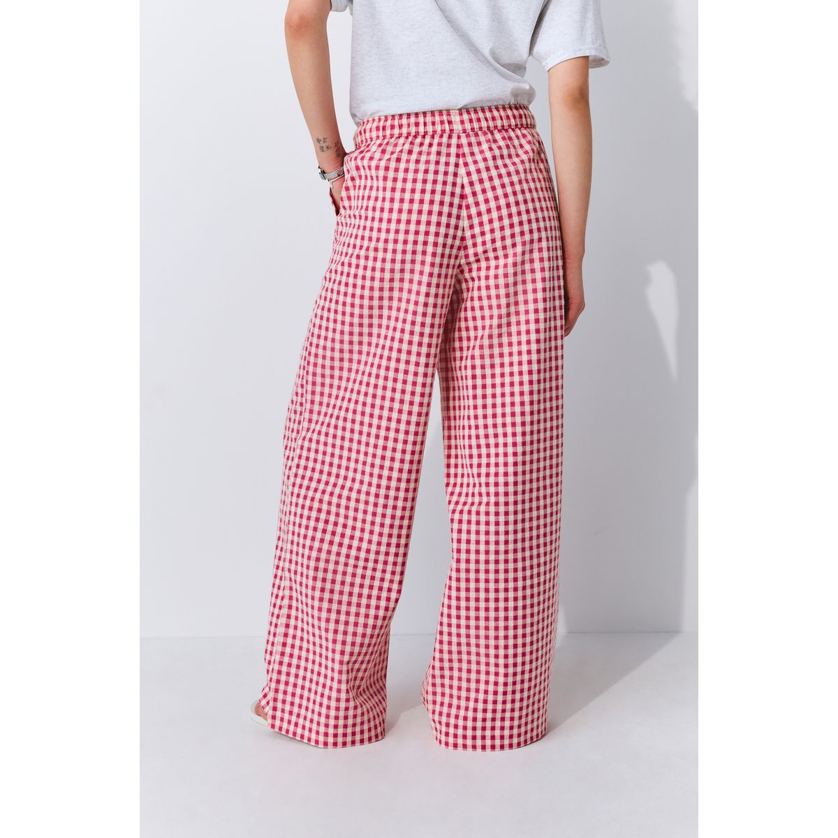 Pantalon large à enfiler en coton vichy rose, NEXT