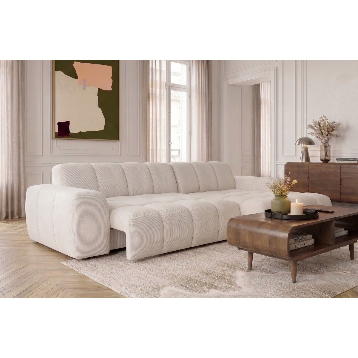 Canapé d'angle convertible 3 places en tissu chenille, THEO beige, BOBOCHIC