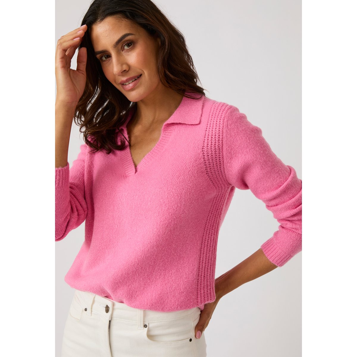 Pull col polo ouvert fantaisie côtelée rose, DAMART