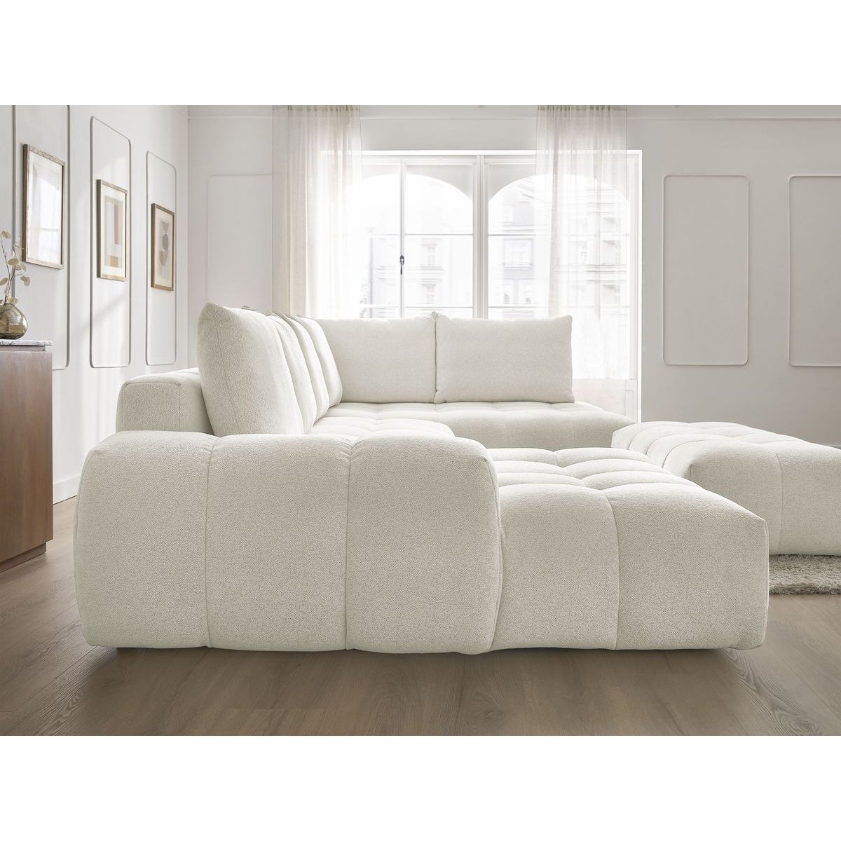 Canapé panoramique convertible 7 places en tissu chiné avec pouf, EVEREST blanc, BOBOCHIC
