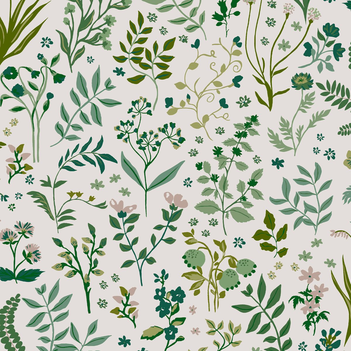 Papier peint Herbier fleuri vintage le jour vert et beige, JOULES