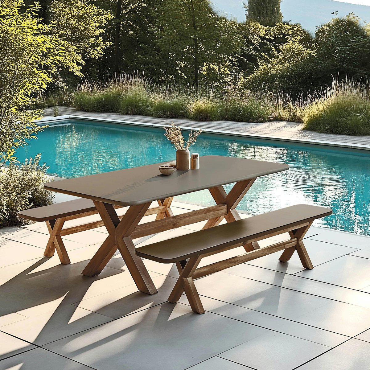 Ensemble table 200 cm et bancs effet béton marron pieds en bois d'acacia CALVI marron, PIER IMPORT