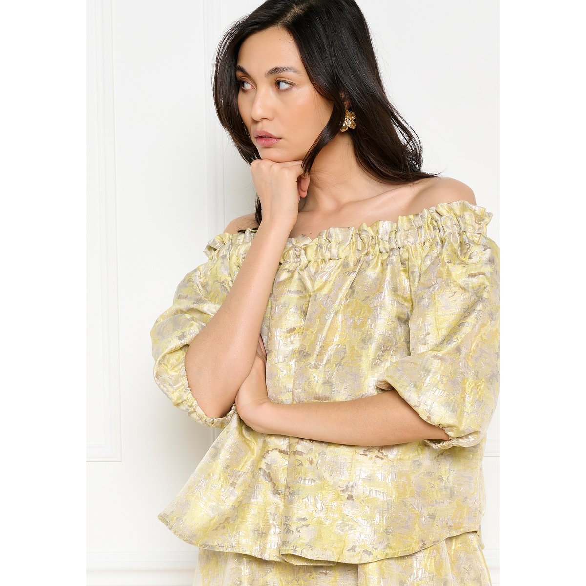 Blouse épaules dénudées jacquard jaune pastel, LOLALIZA