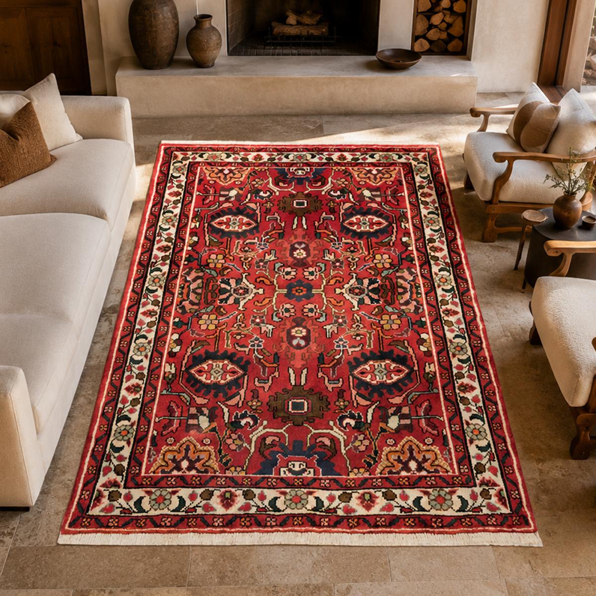 Tapis d'orient oriental, noué main en laine, HAMADAN 45 rouge, bleu, crème, UN AMOUR DE TAPIS