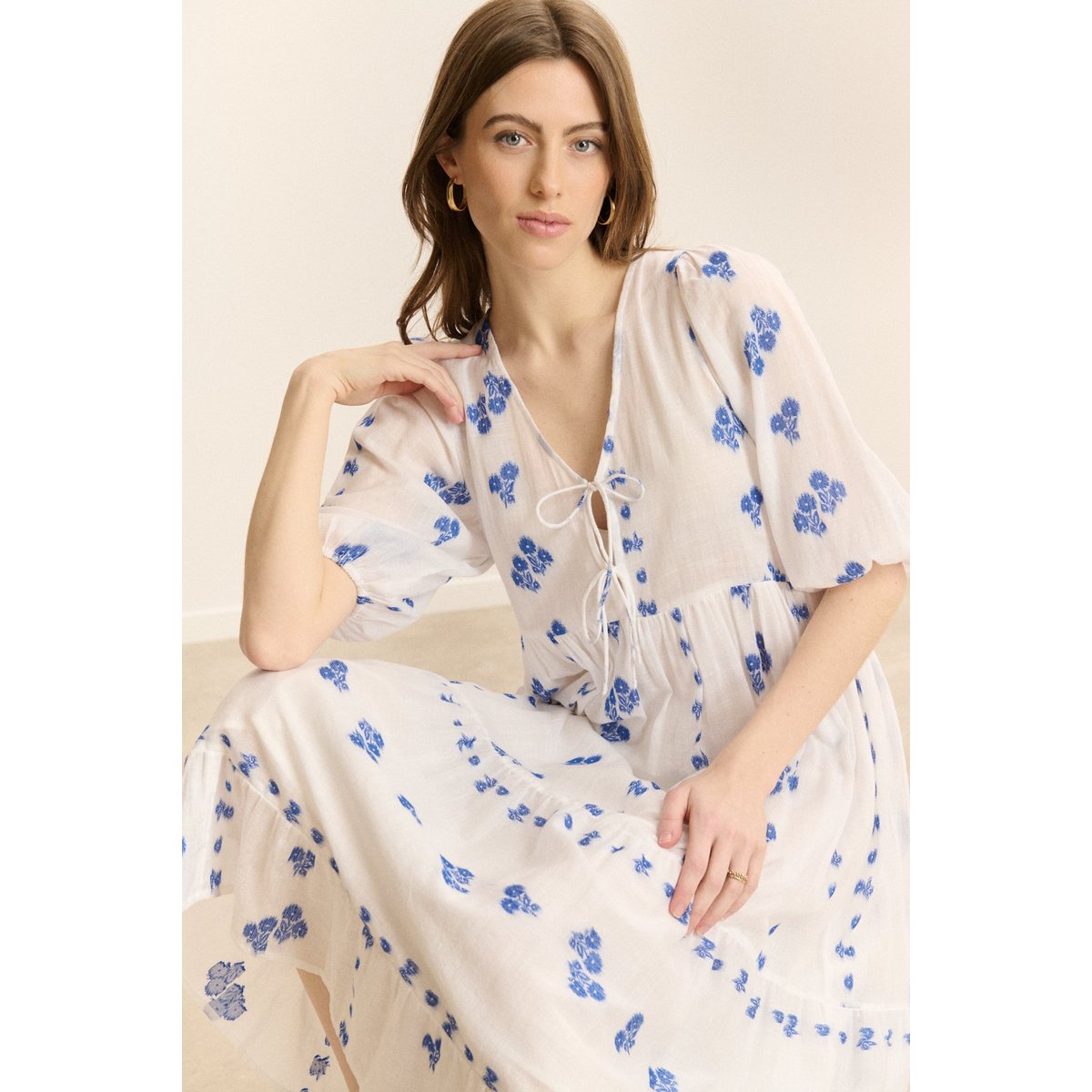 Robe longue brodée manches courtes <br> CAMILLE blanc, GARANCE PARIS