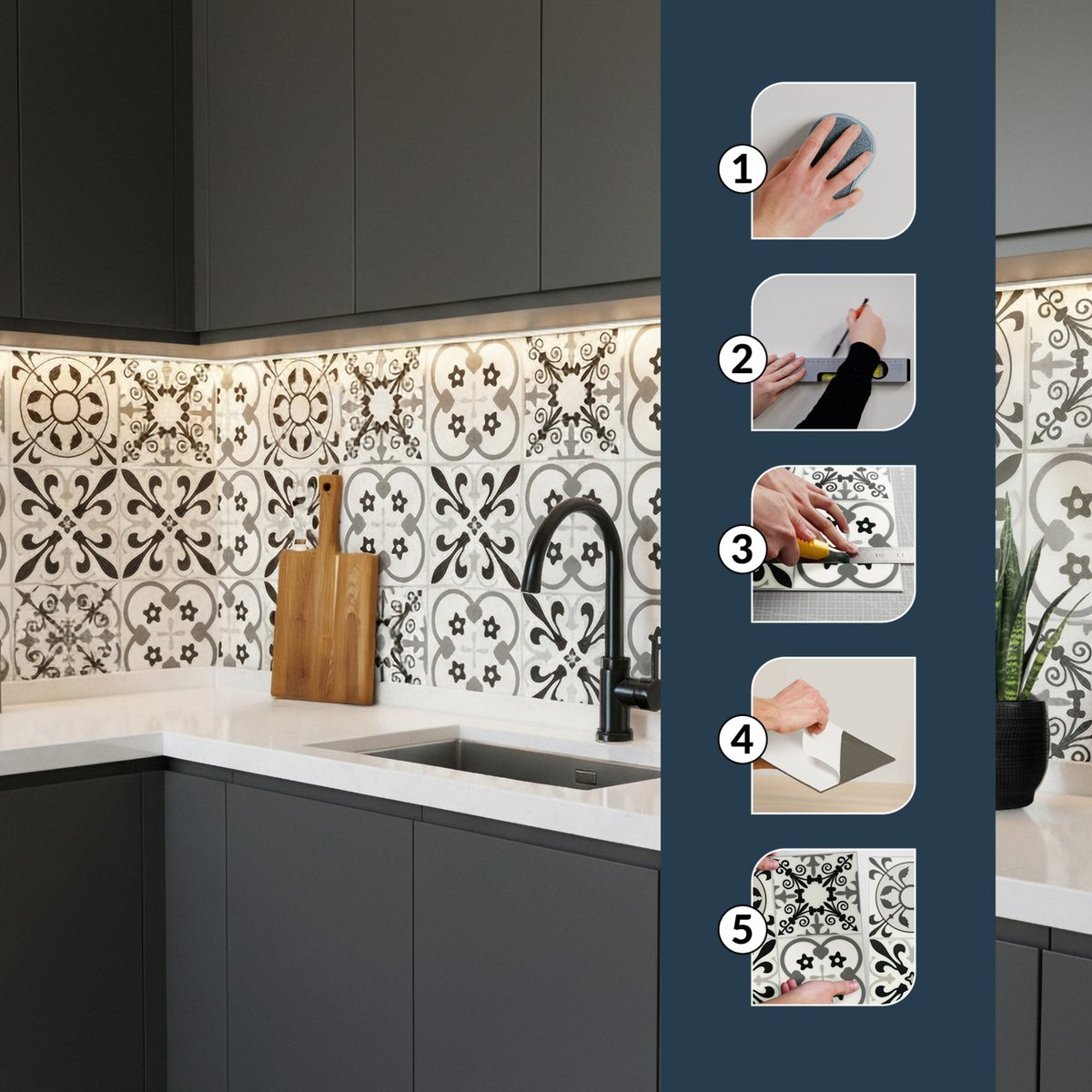 Crédence adhésive murale 3D motifs carreaux de ciment 4 pièces couleur unique, DOUCEUR D'INTÉRIEUR