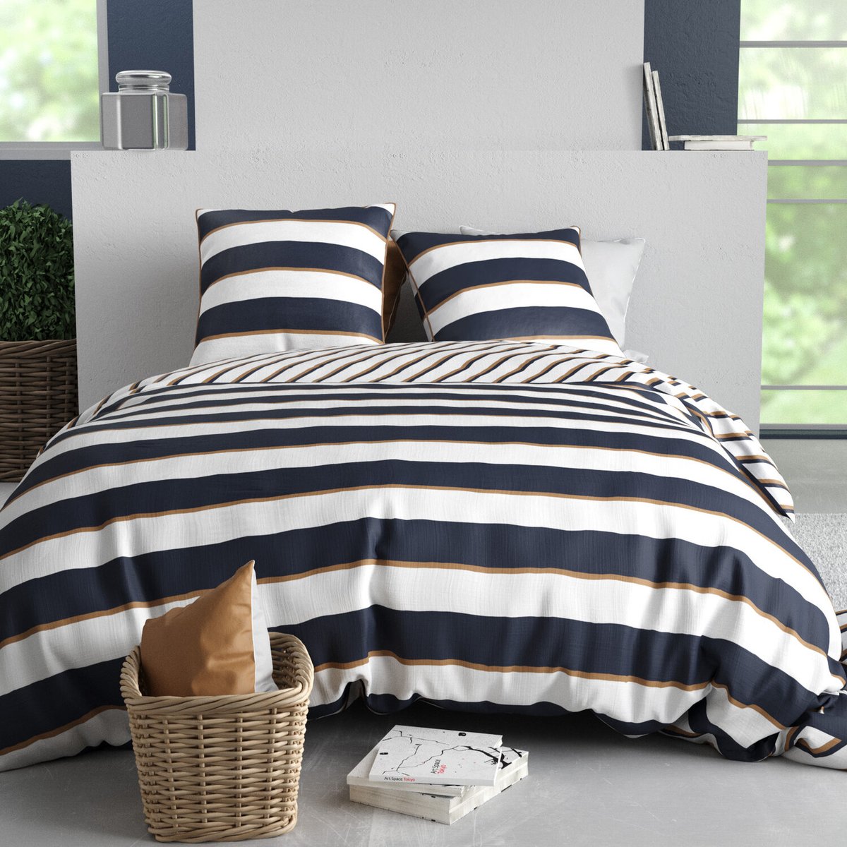Parure housse de couette en coton imprimée, Nolwenn blanc, C DESIGN HOME TEXTILE
