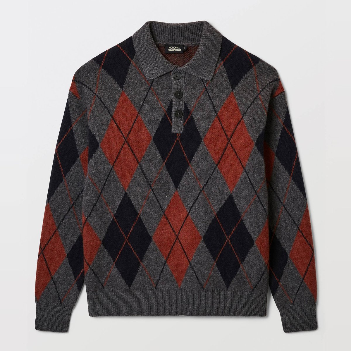 Pull col polo en laine anthracite chine, MONOPRIX