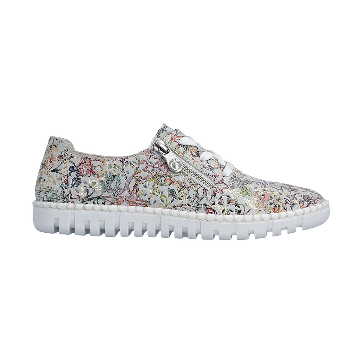 Tennis FEMME RIEKER® en cuir grises et à lacets et zip latéral blanc-multi, RIEKER