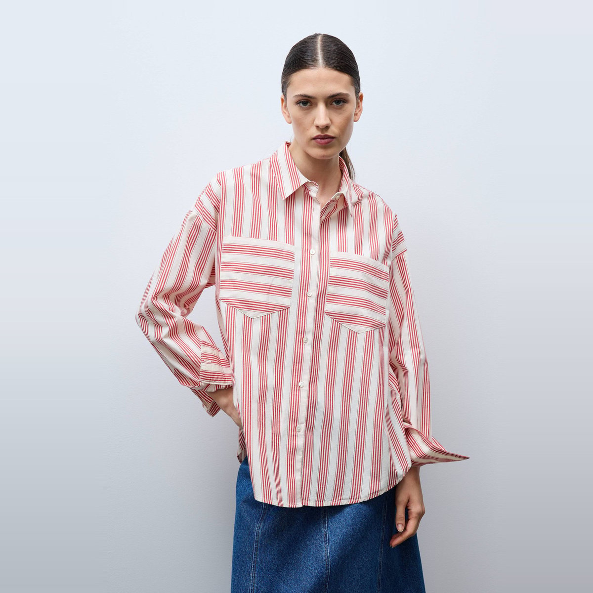 Chemise manches longues rayée en coton goyave, MONOPRIX