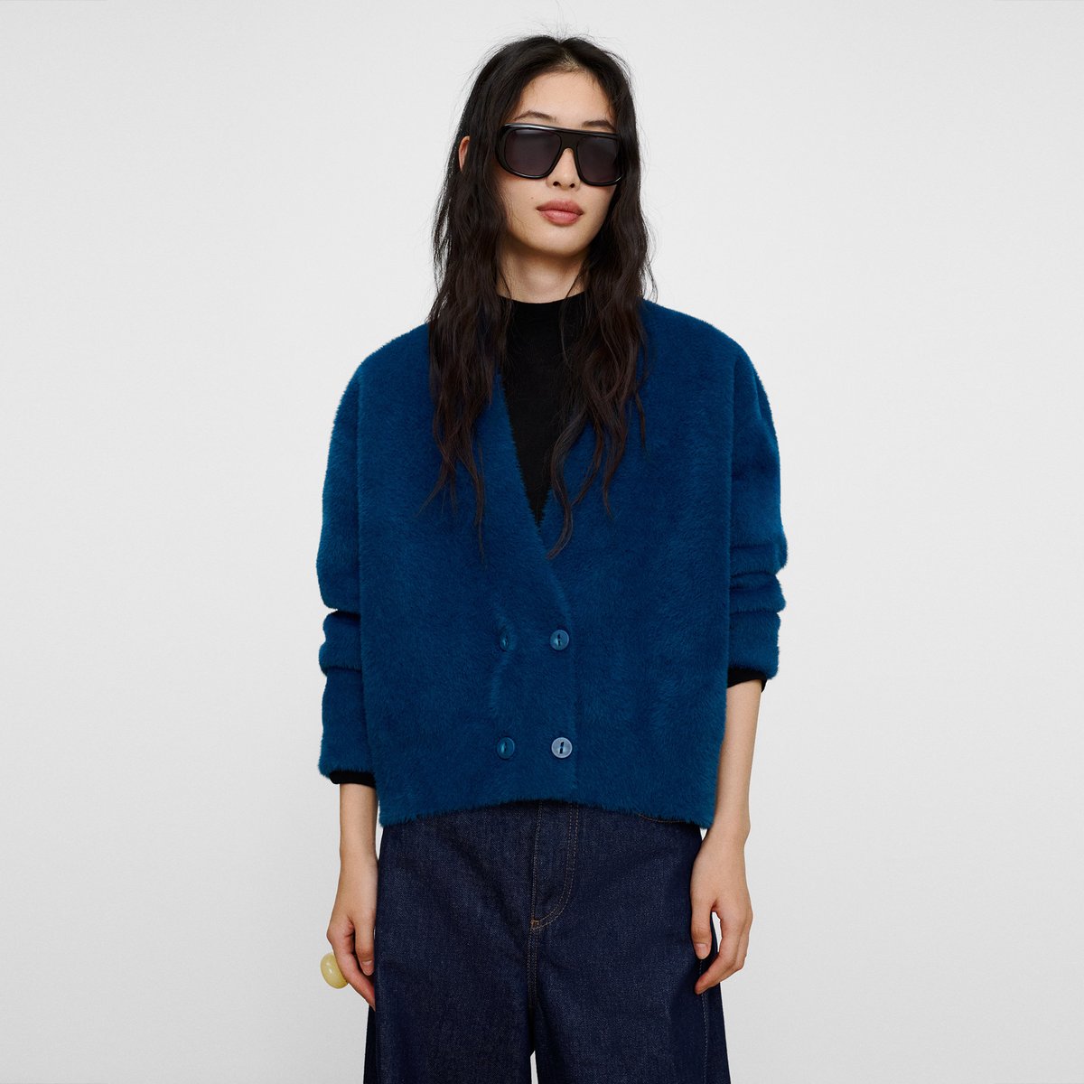 Veste imitation fourrure à face transversale bleu, ADOLFO DOMINGUEZ