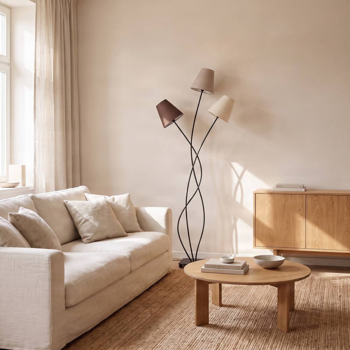 Lampadaire en textile moderne, Melis marron, gris, crème, noir, LINDBY
