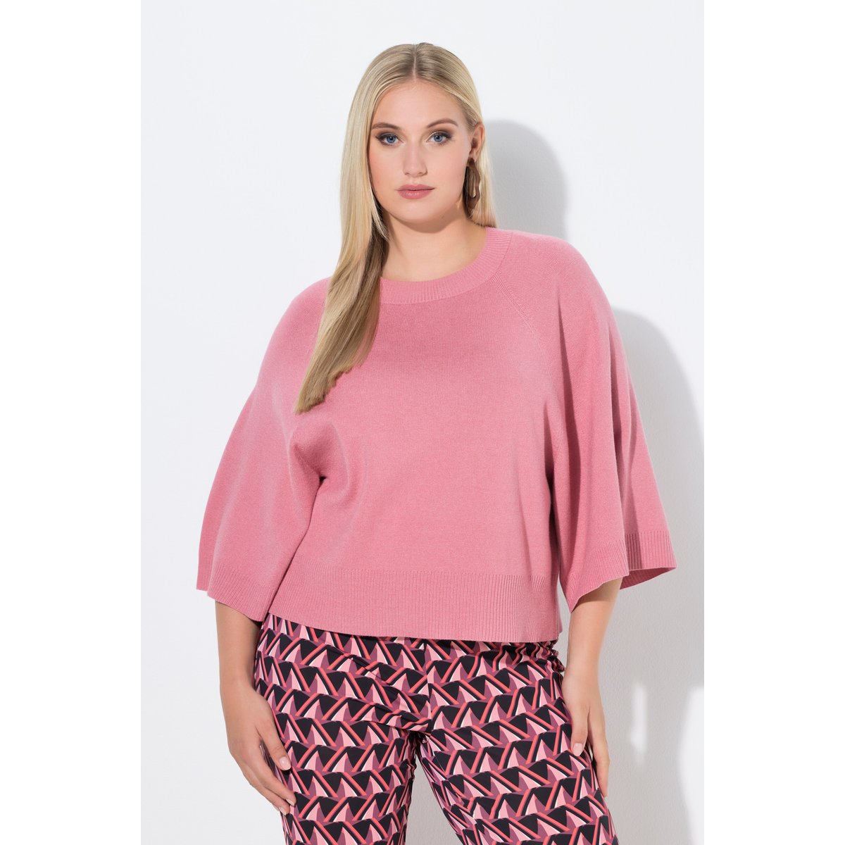 Pull court à col rond et manches 3/4 rose, ULLA POPKEN
