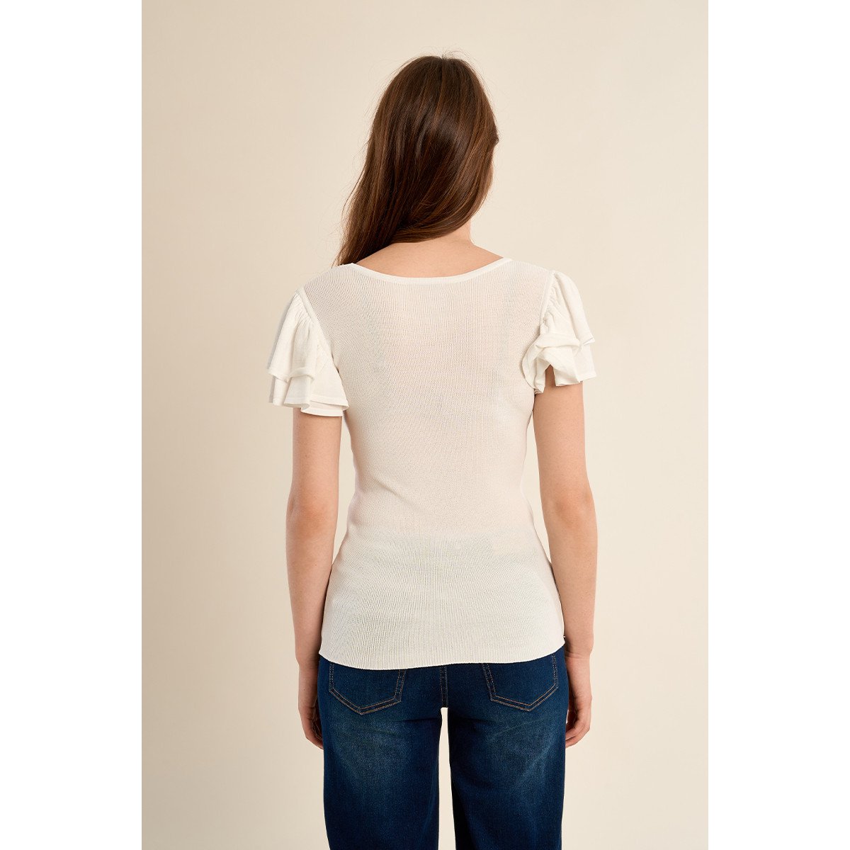 T-shirt avec col en semi-transparence offwhite, MOLLY BRACKEN