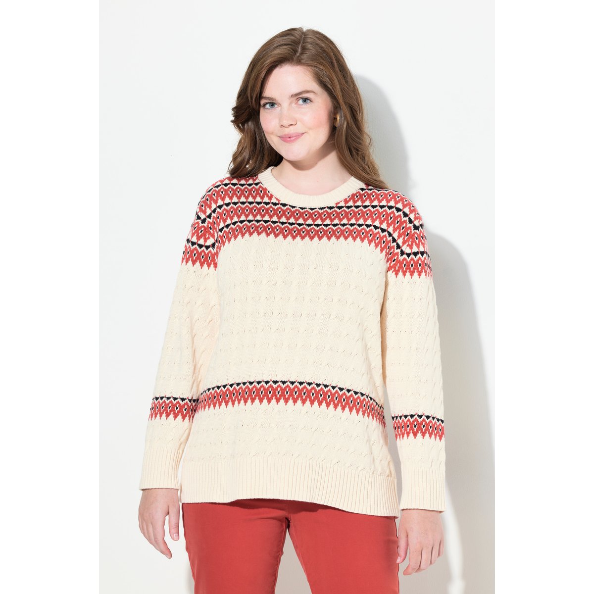 Pull à col rond et manches longues en coton rouge brique, ULLA POPKEN