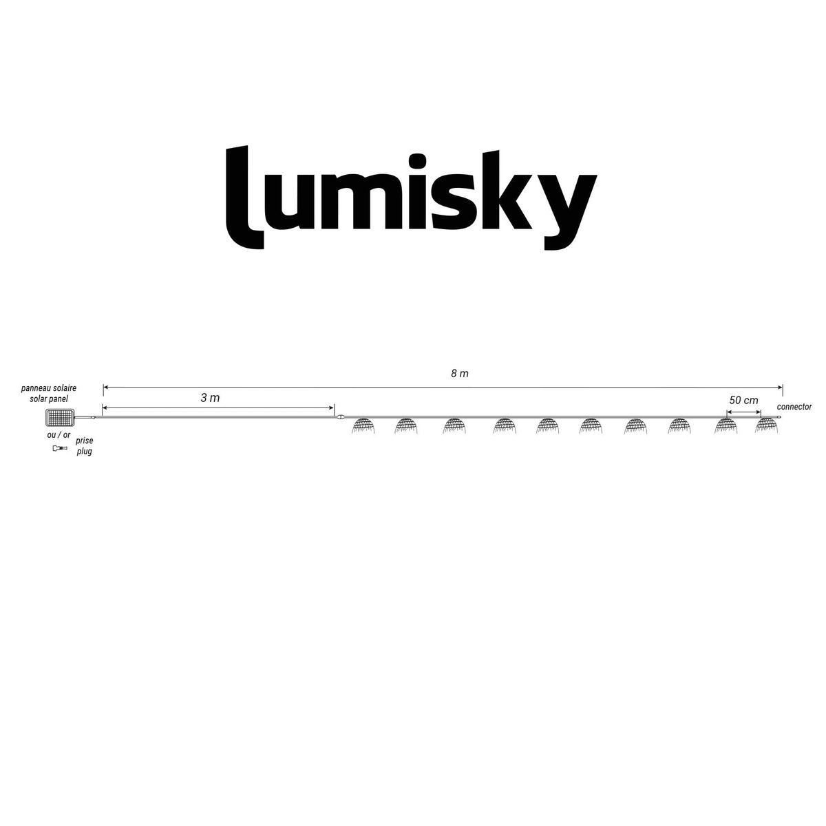 Guirlande lumineuse extérieur 10 abat-jour exotique paille MINI HAWAI LIGHT HYBRID LED blanc chaud 8m solaire et sur secteur marron, LUMISKY