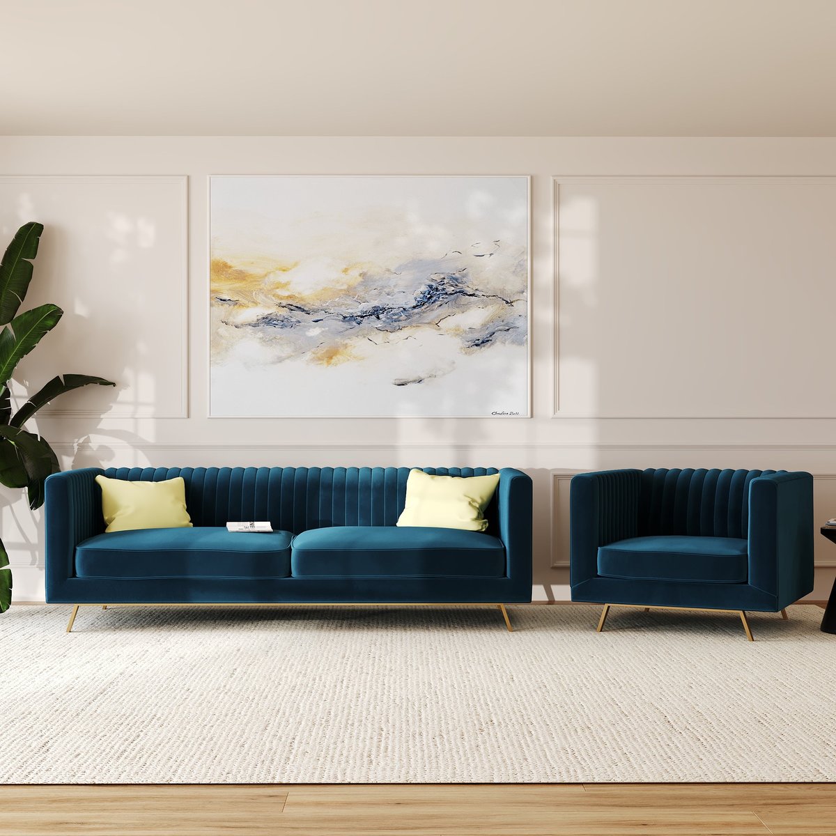 Ensemble canapé et fauteuil en velours - GATSBY bleu, MAISON PAVANE