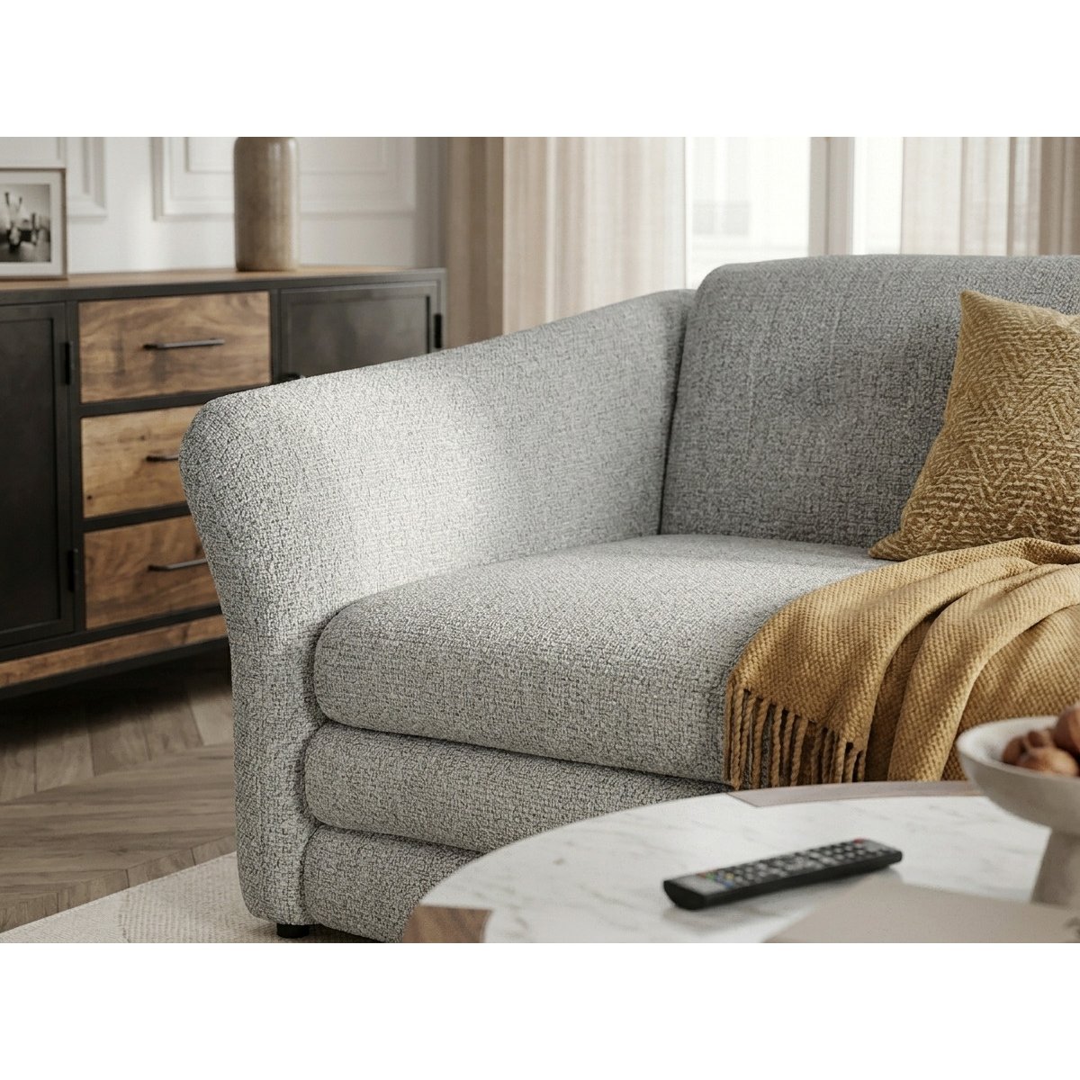Canapé d'angle fixe 4 places en tissu chiné, MARBLE gris, BOBOCHIC
