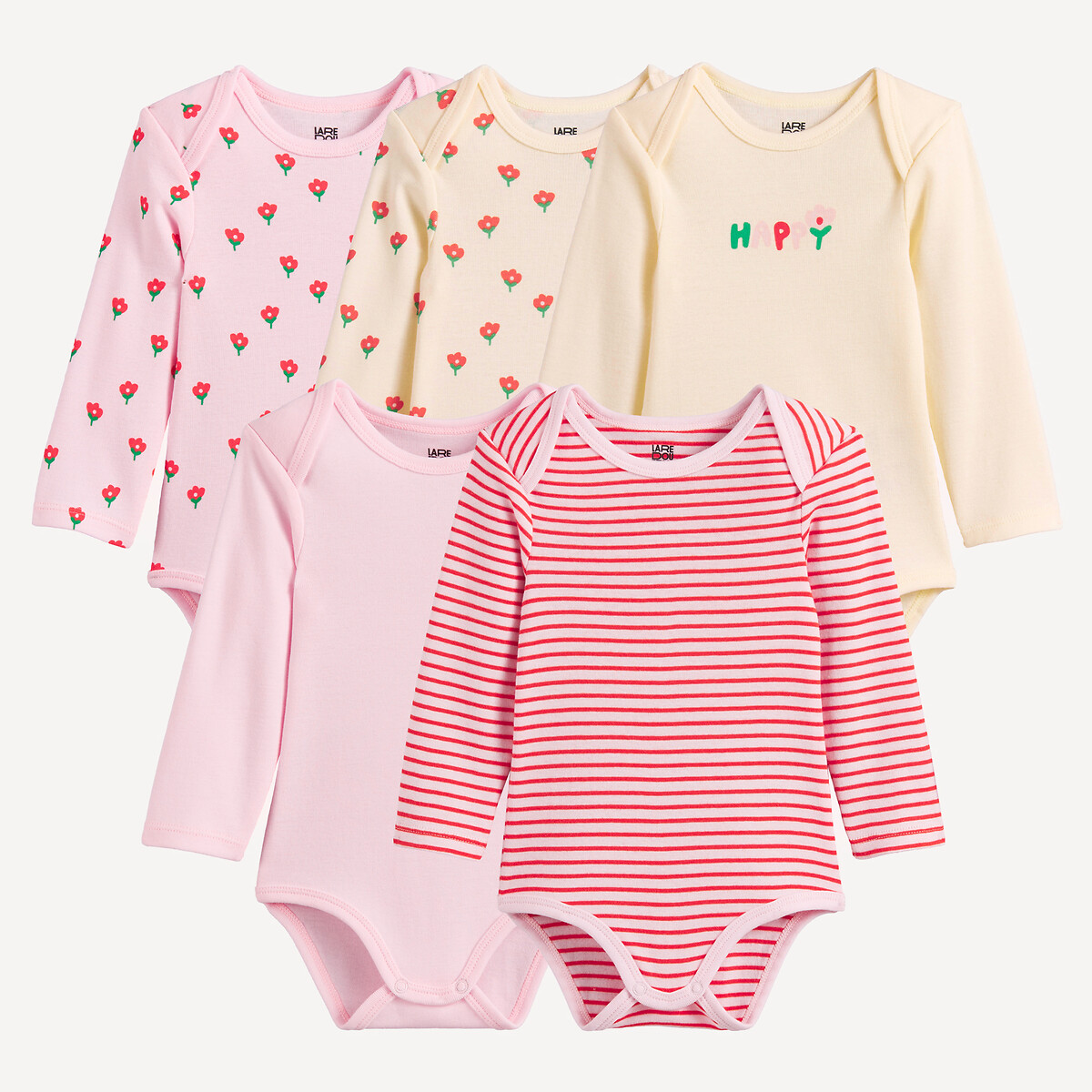 Lot de 5 bodies manches longues, imprimés fleurs et rayures assortis, LA REDOUTE COLLECTIONS