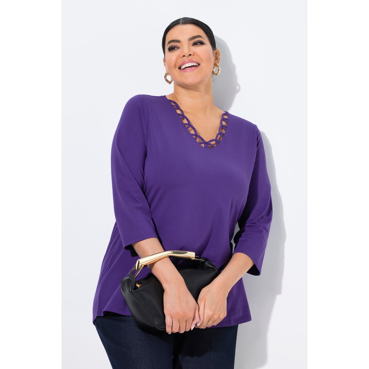 T-shirt décolleté avec strass fantaisie et lys, ULLA POPKEN