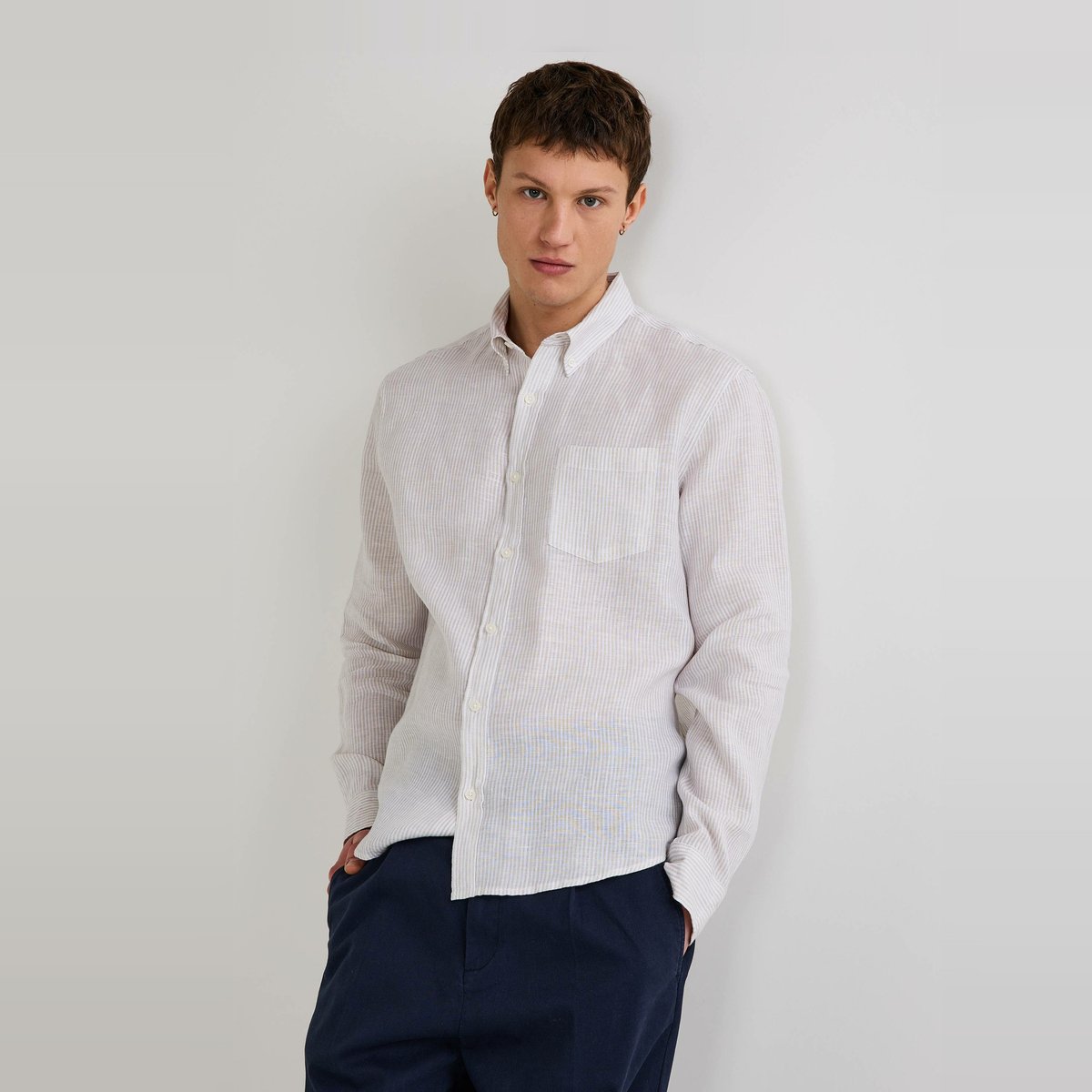 Chemise manches longues rayée en lin levure, MONOPRIX