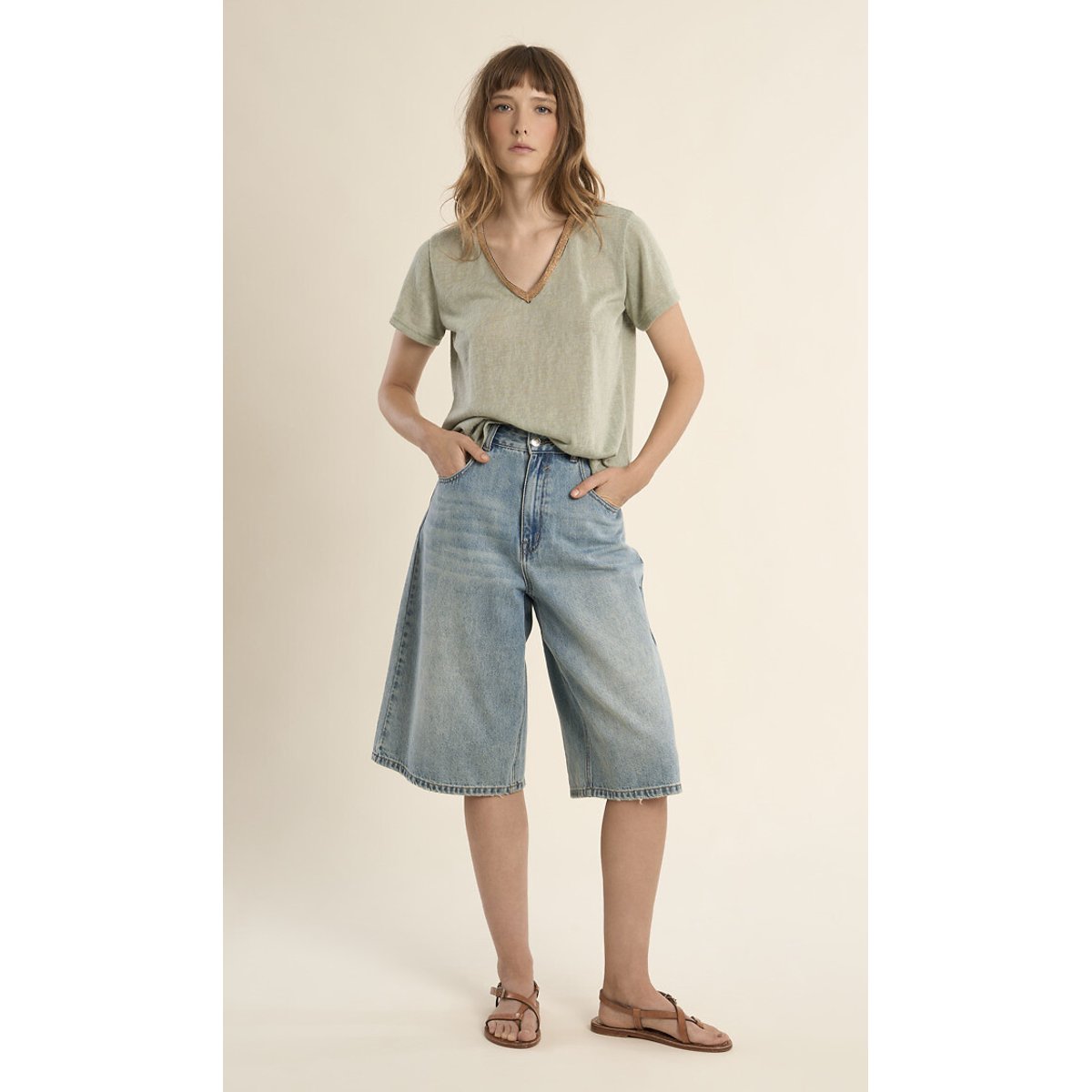 T-shirt manches courtes col V vert d'eau, MOLLY BRACKEN