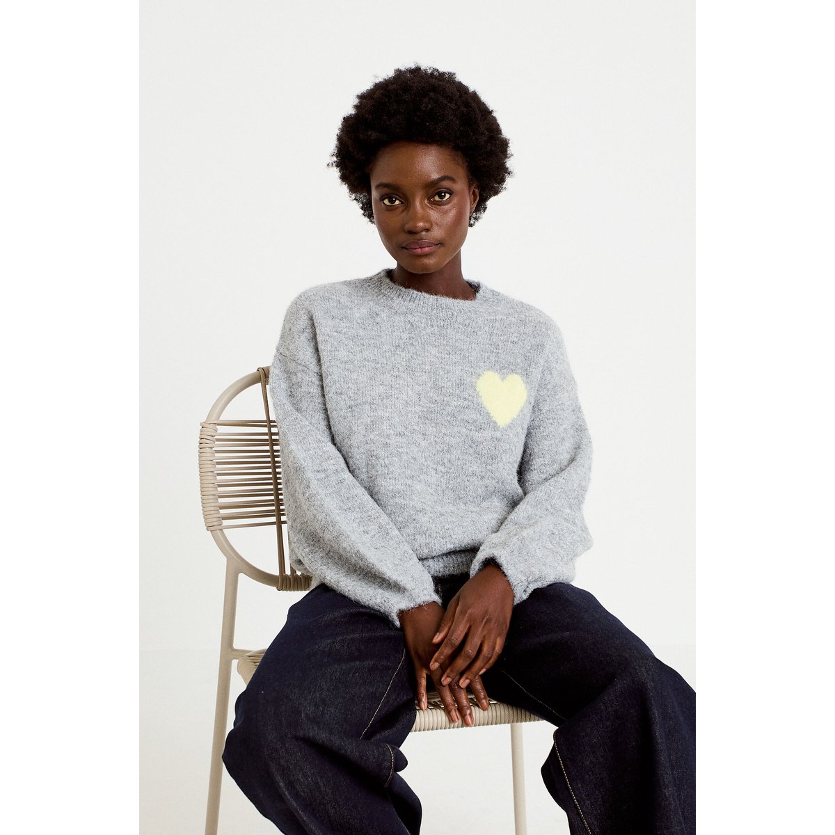 Pull oversize col rond manches longues gris clair, CACHE CACHE