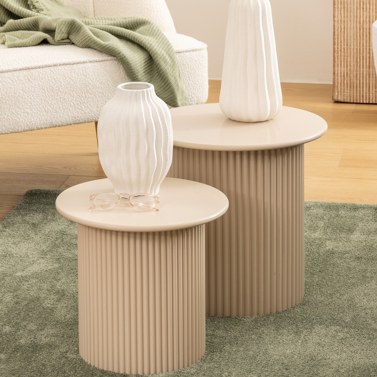 Lot de 2 tables basses gigognes cylindriques EINO beige, ATMOSPHERA