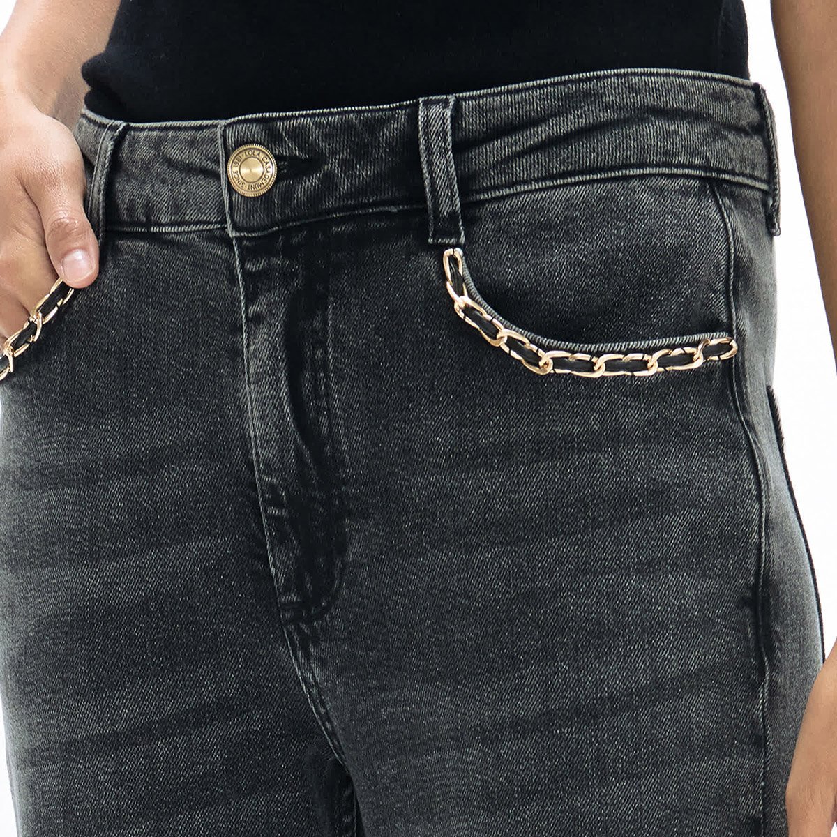 Jean large à poches ornées de chaînes dorées denim gris, LOLA CASADEMUNT