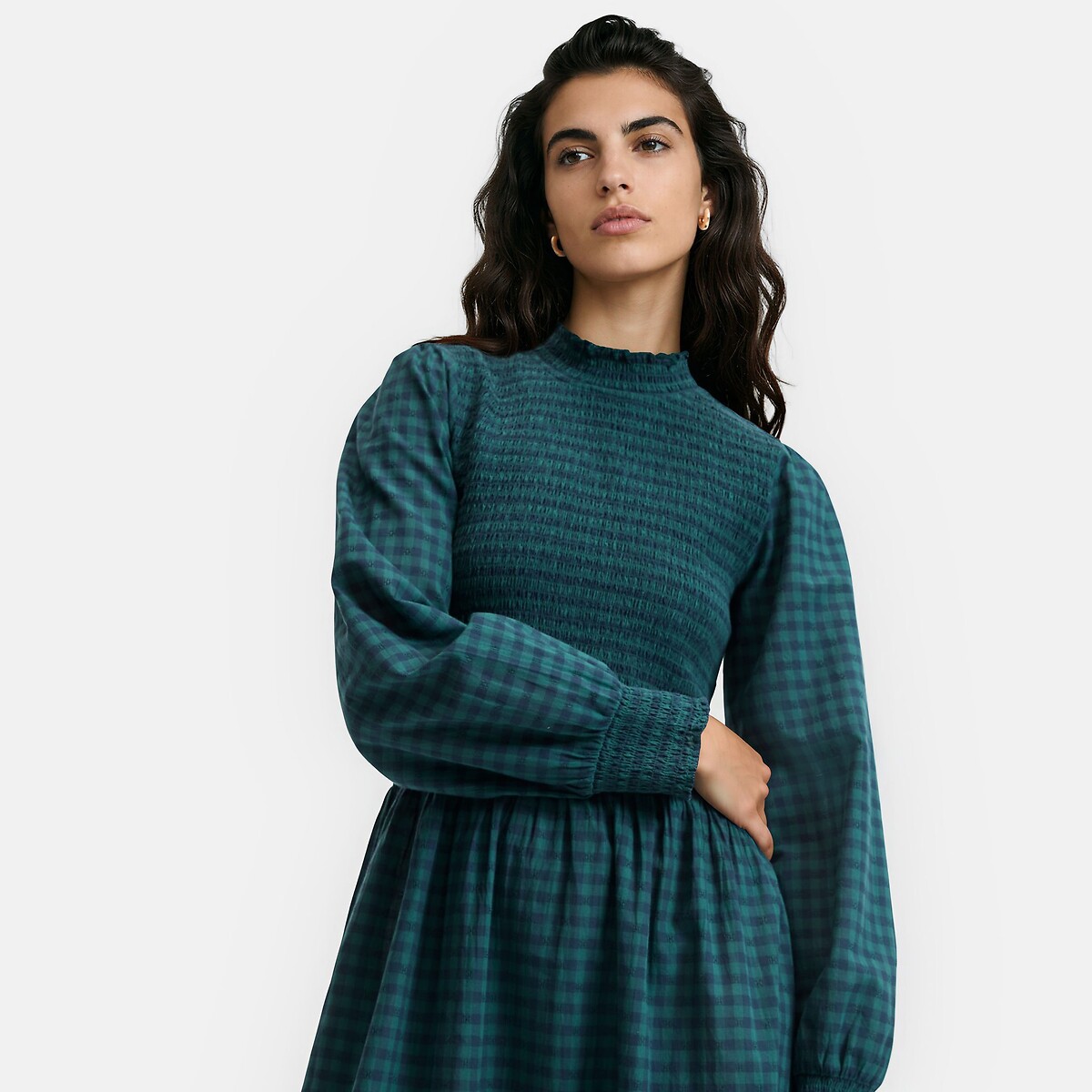 Robe midi à carreaux, manches longues, smockée carreaux bleu/vert, LA REDOUTE COLLECTIONS