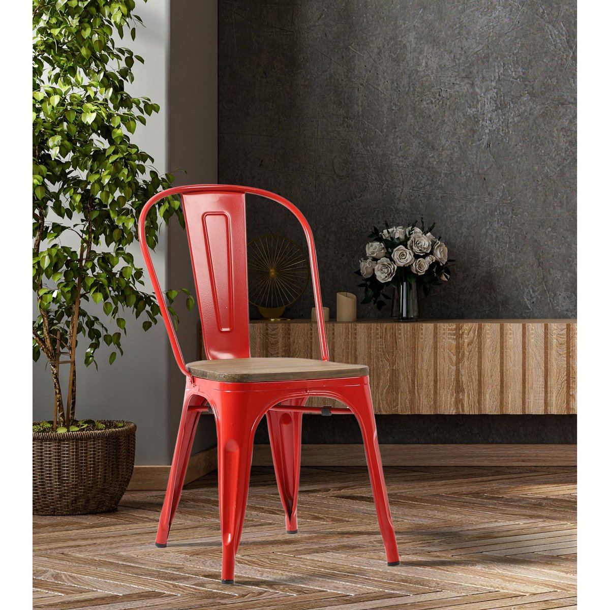 Lot de 4 chaises bistrot en bois et métal design vintage LIV rouge, TOILINUX