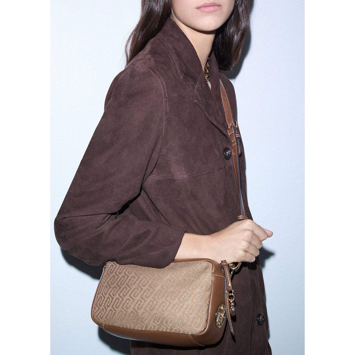 Sac bandoulière moyen en jacquard beige, LIU JO