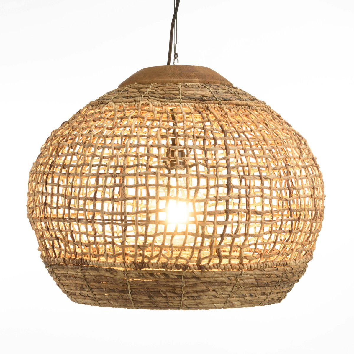 Suspension boule 60x60cm en abaca couleur naturelle et teck FOLELLI marron, PIER IMPORT