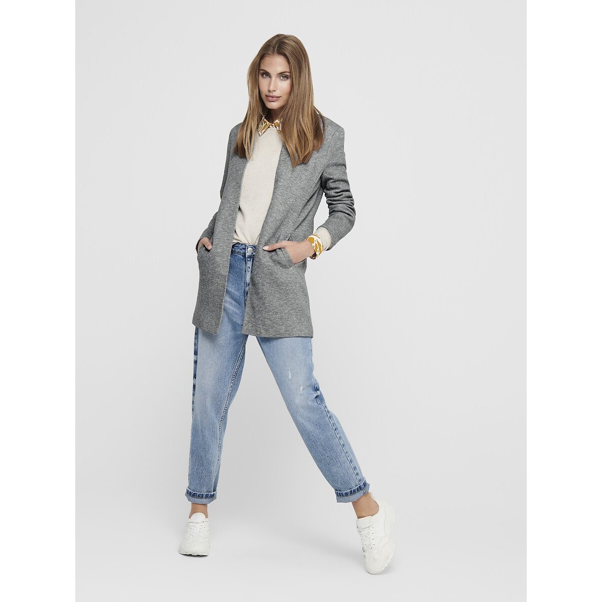 Veste mi-longue, col montant gris clair chiné, ONLY