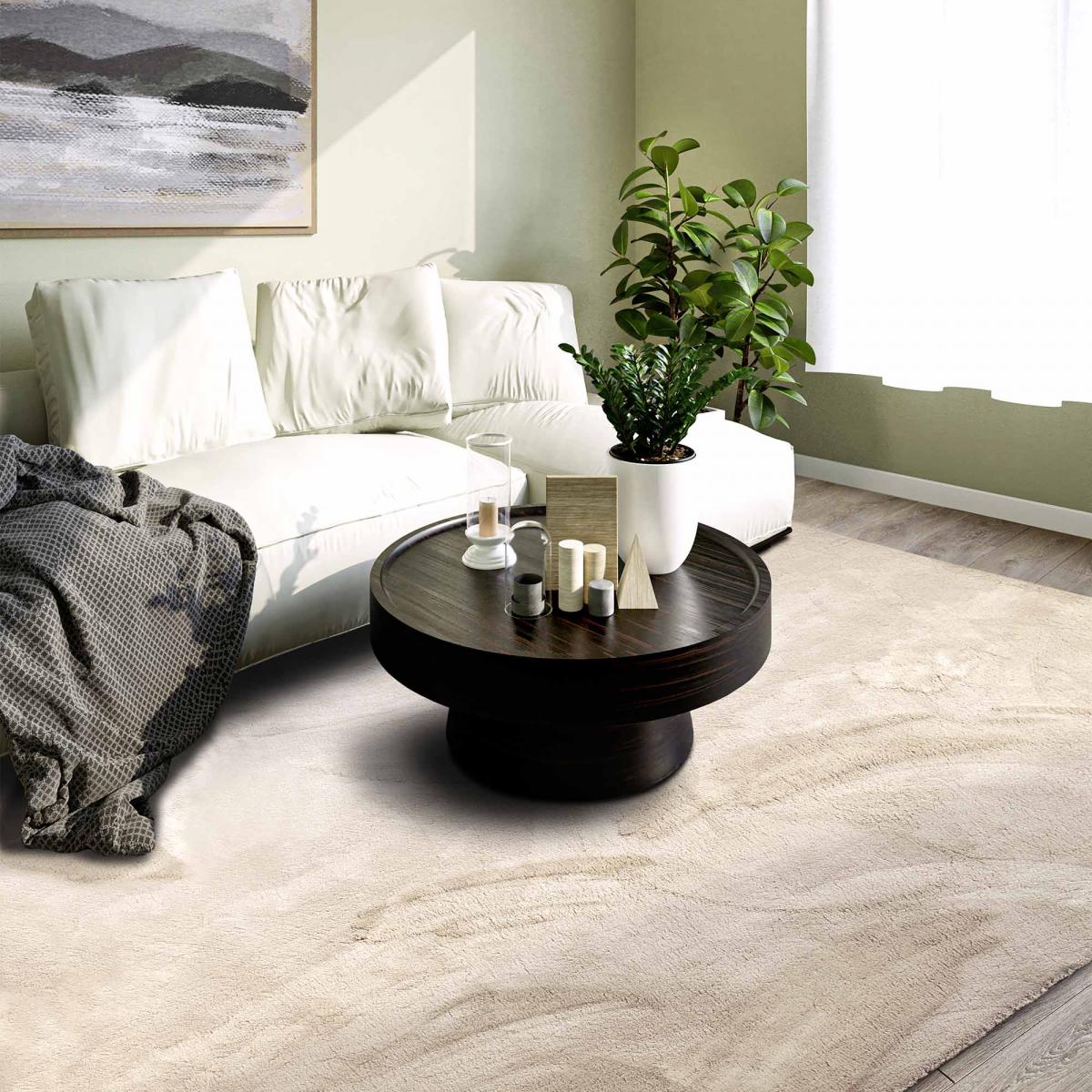 Tapis salon faux uni poils ras, tissé polyester confortable, LEON crème, UN AMOUR DE TAPIS