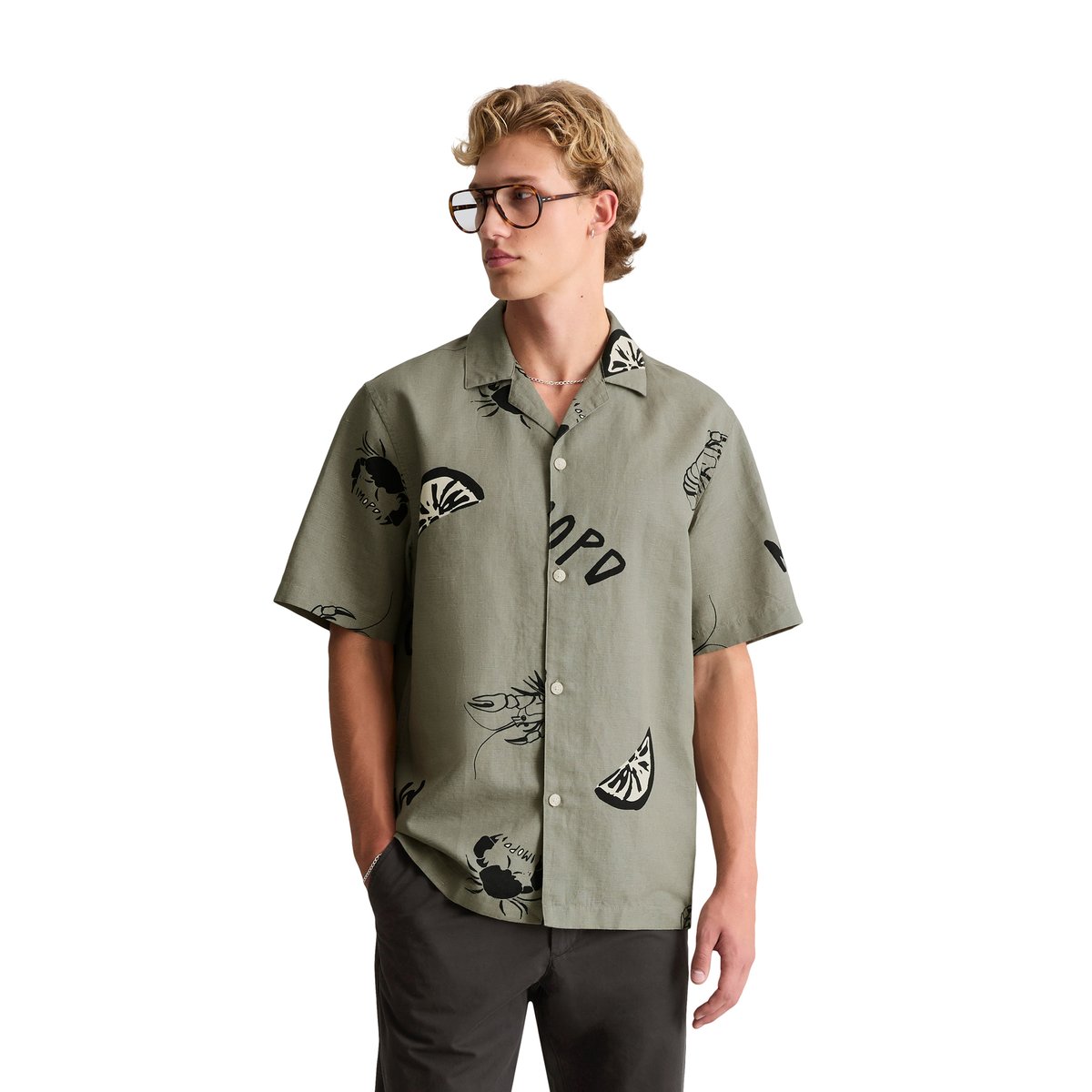 Chemise à manches courtes Crayfish Capsule en coton bio et en lin vert, MARC O’POLO DENIM