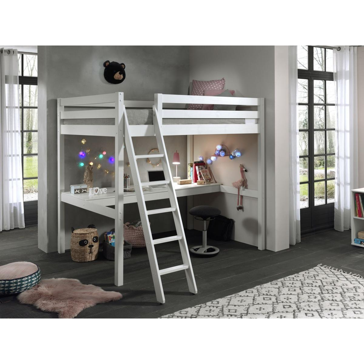 PINO Lit mezzanine + plan de travail couleur unique, VIPACK