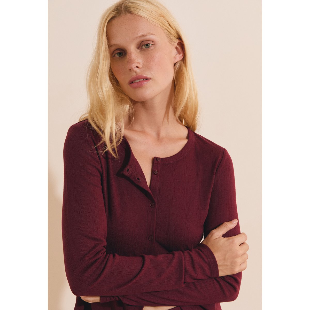T-shirt manches longues avec boutons BAYALINE grenadine, ETAM