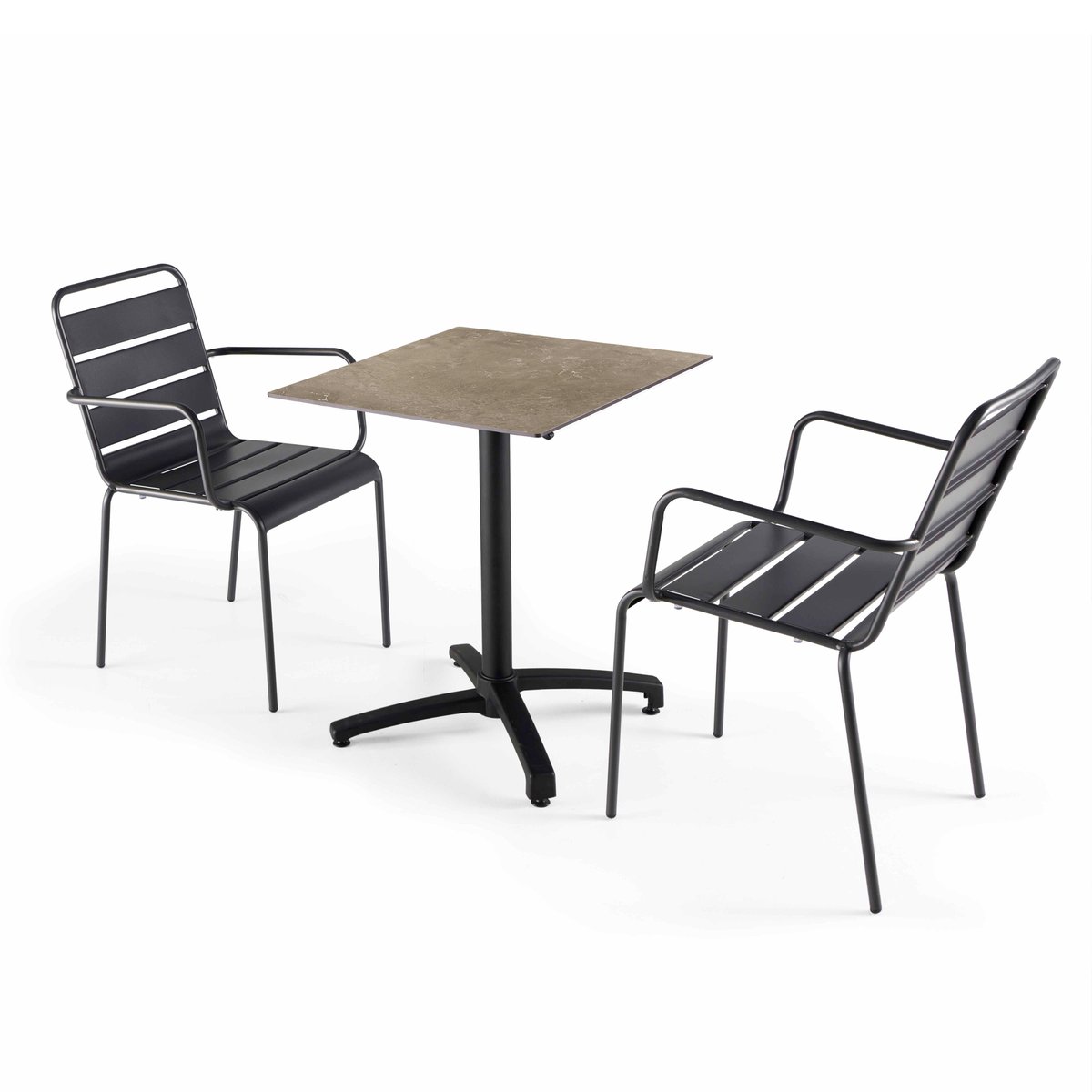 Table 60x60 cm inclinable stratifiée avec pied noir et chaises en métal, OPERA gris anthracite, OVIALA