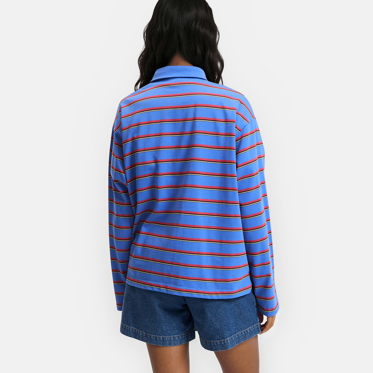 Gestreept T-shirt met polokraag, lange mouwen gestreept bordeaux/blauw, LA REDOUTE COLLECTIONS