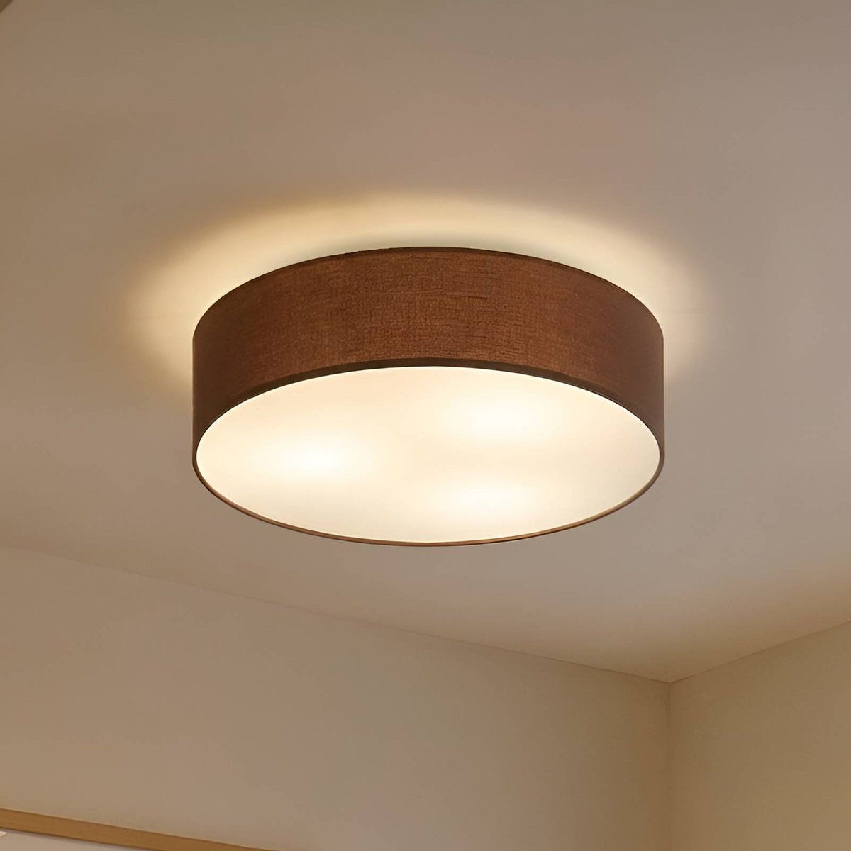 Plafonnier en textile moderne, Sebatin brun, blanc, nickel mat, LINDBY