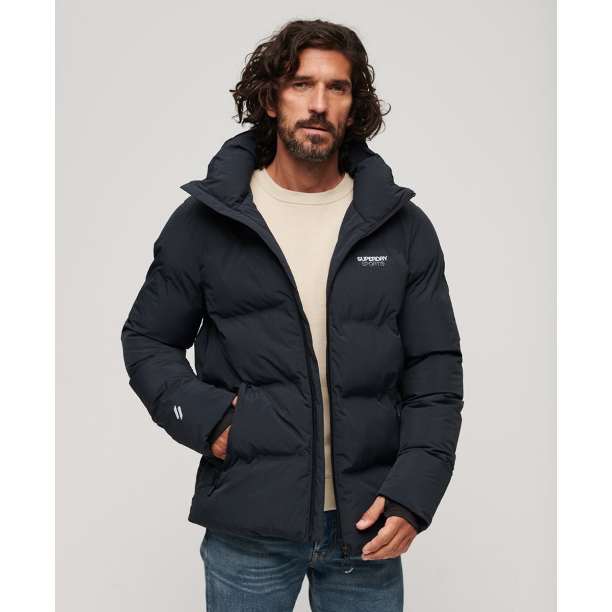 Doudoune droite à capuche bleu marine éclipse, SUPERDRY
