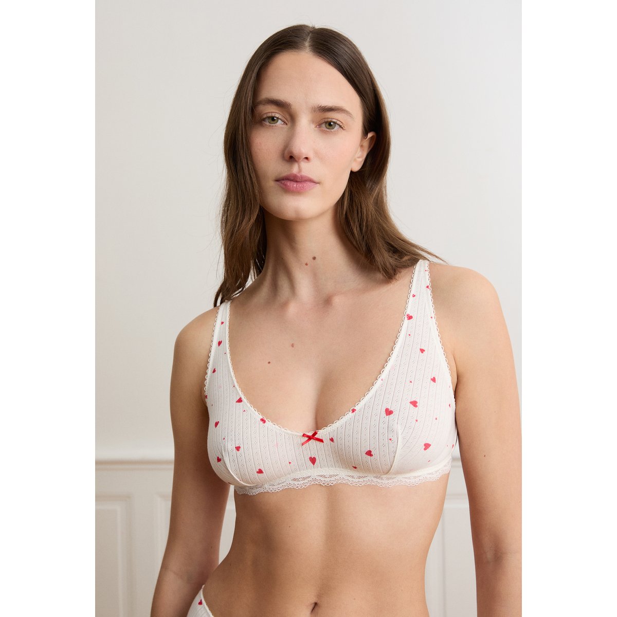 Brassière en pointelle à motifs cœurs VANITY GOURMAN imp fd blanc, ETAM