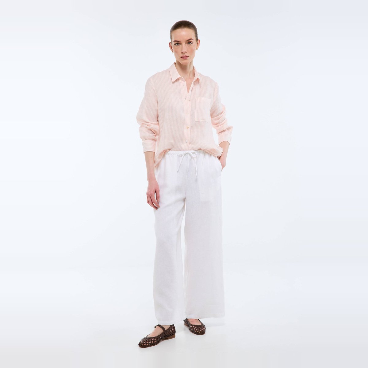 Pantalon en lin avec cordon à la taille blanc, MONOPRIX