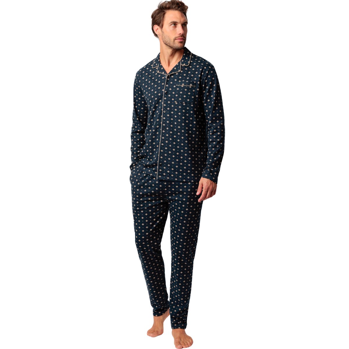 Pyjama pantalon chemise manches longues Classic Tie bleu marine, ADMAS