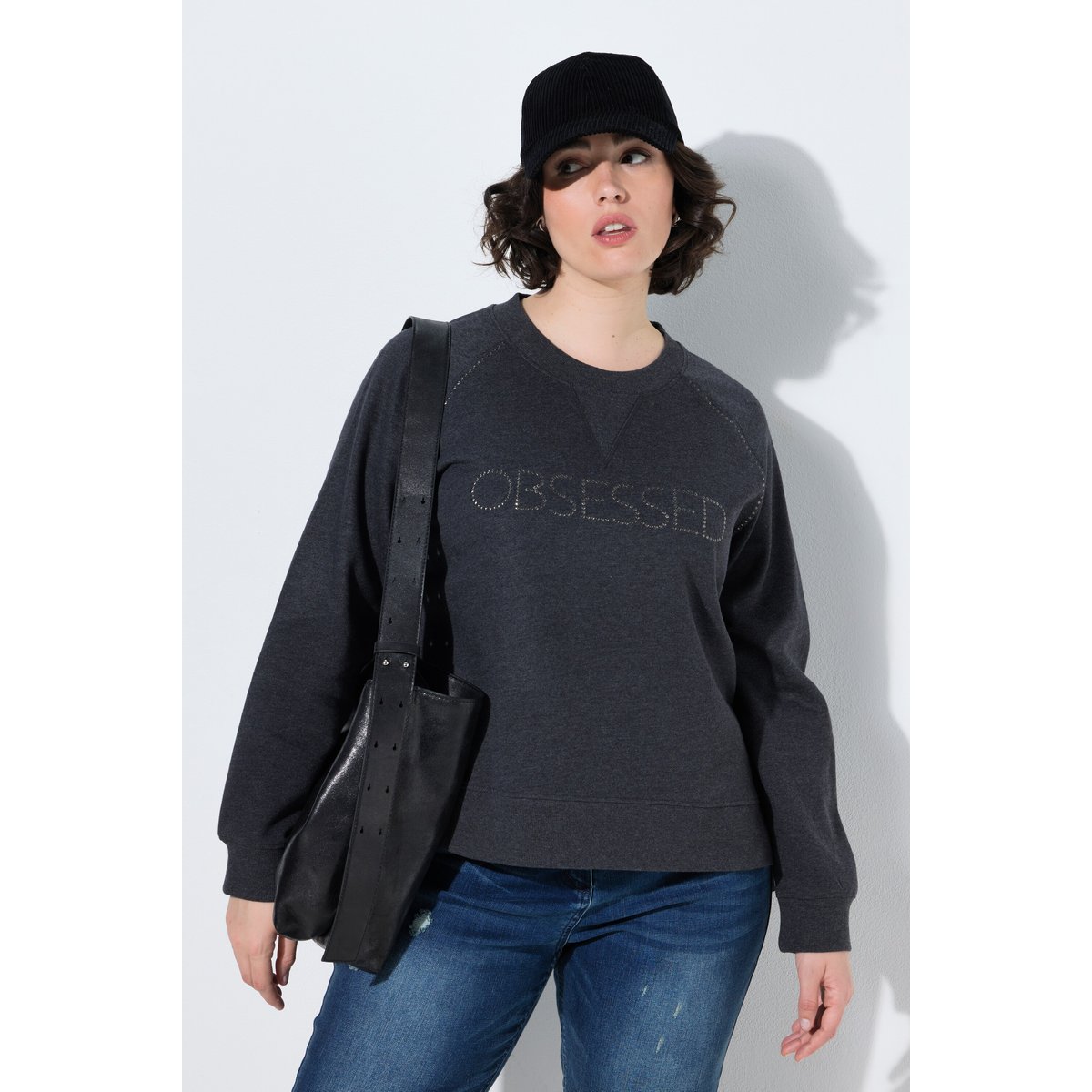 Sweat-shirt avec rivets fantaisie chiné gris foncé, ULLA POPKEN
